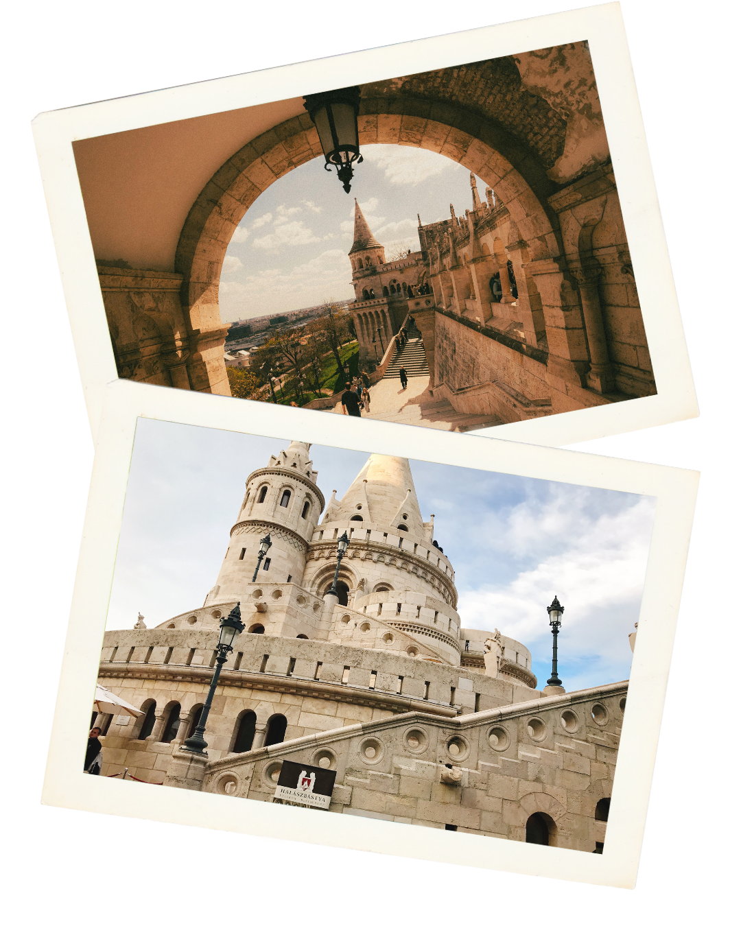 Two photos of Fisherman’s Bastion in Budapest.
