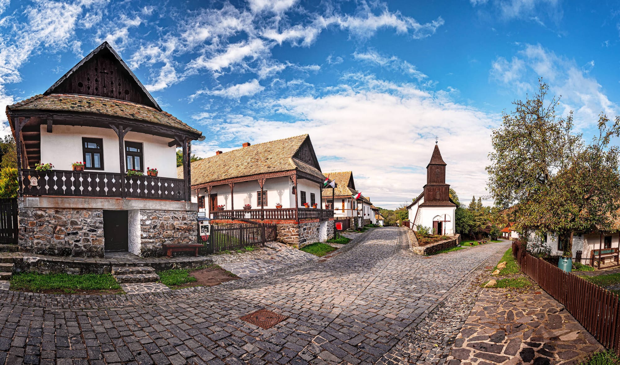 Hollókő village in Hungary with old cobblestone streets.