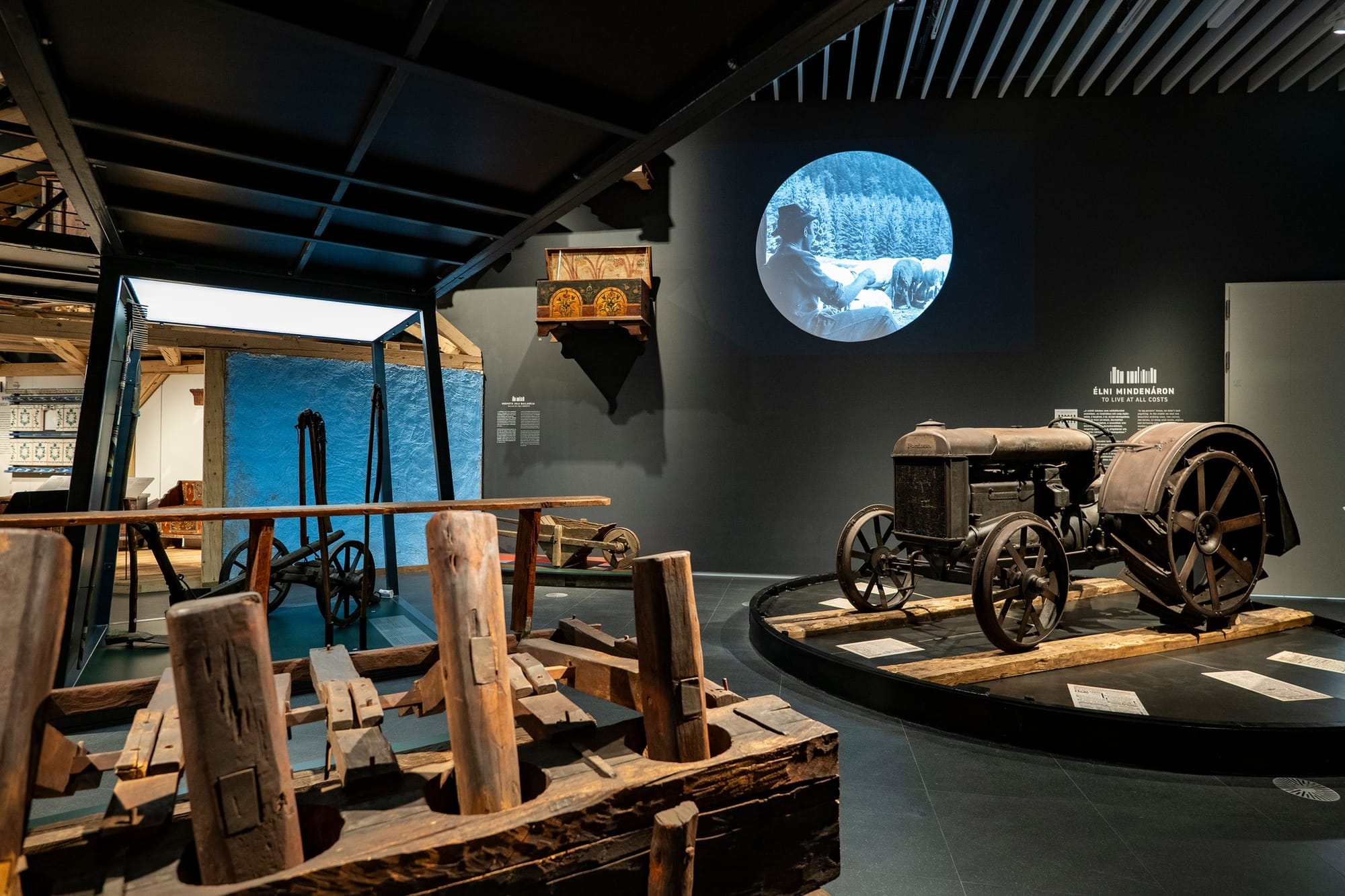 An old tractor on display inside the Museum Of Ethnography at Budapest City Park