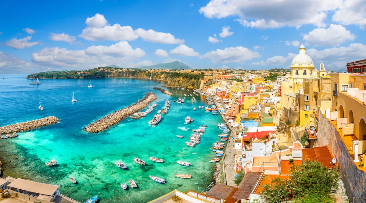 Procida ariel view of the village and waterfront