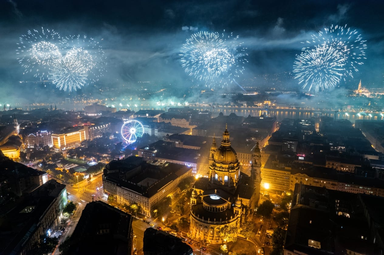 St. Stephen’s Day fireworks at night in Hungary.