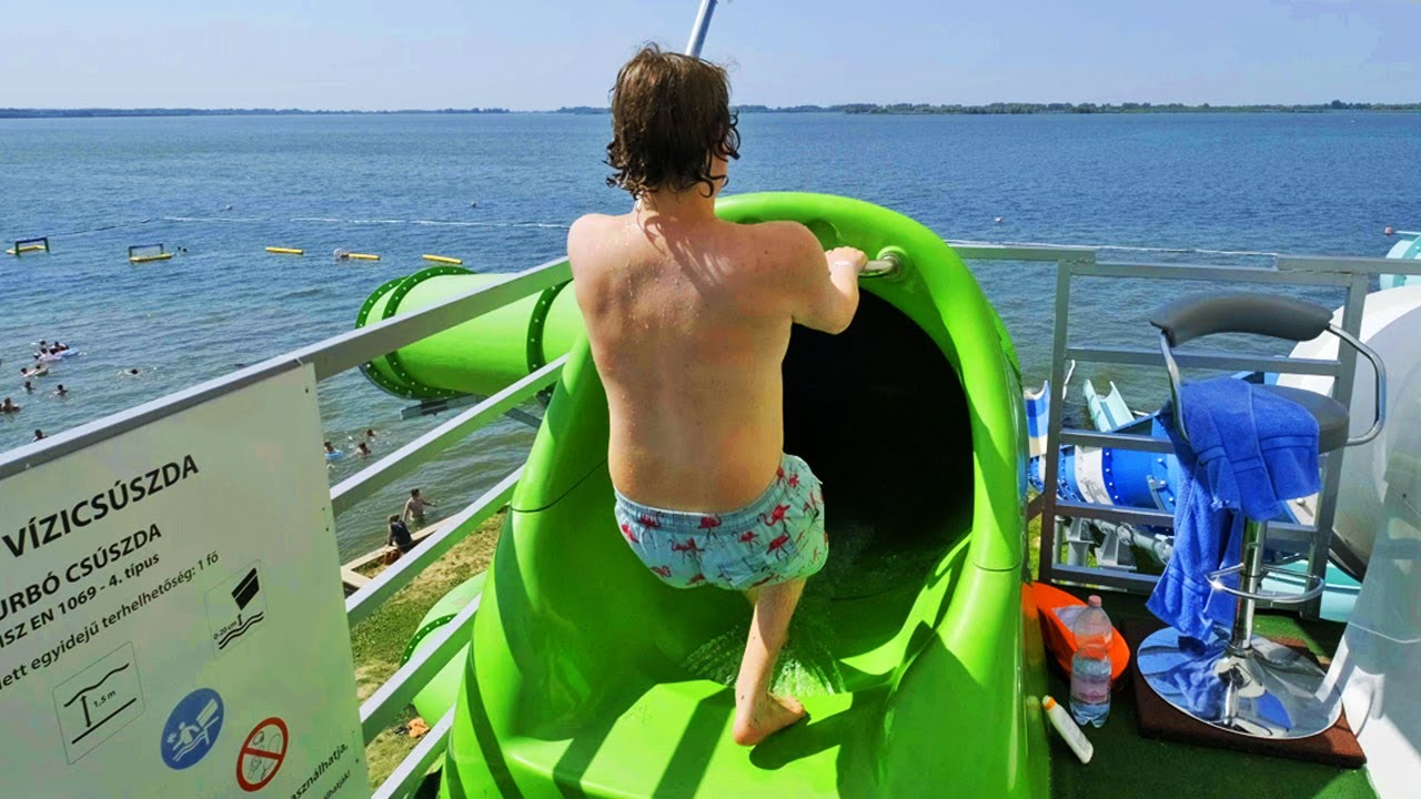 Lake Tisza waterslide in Hungary in the summer.