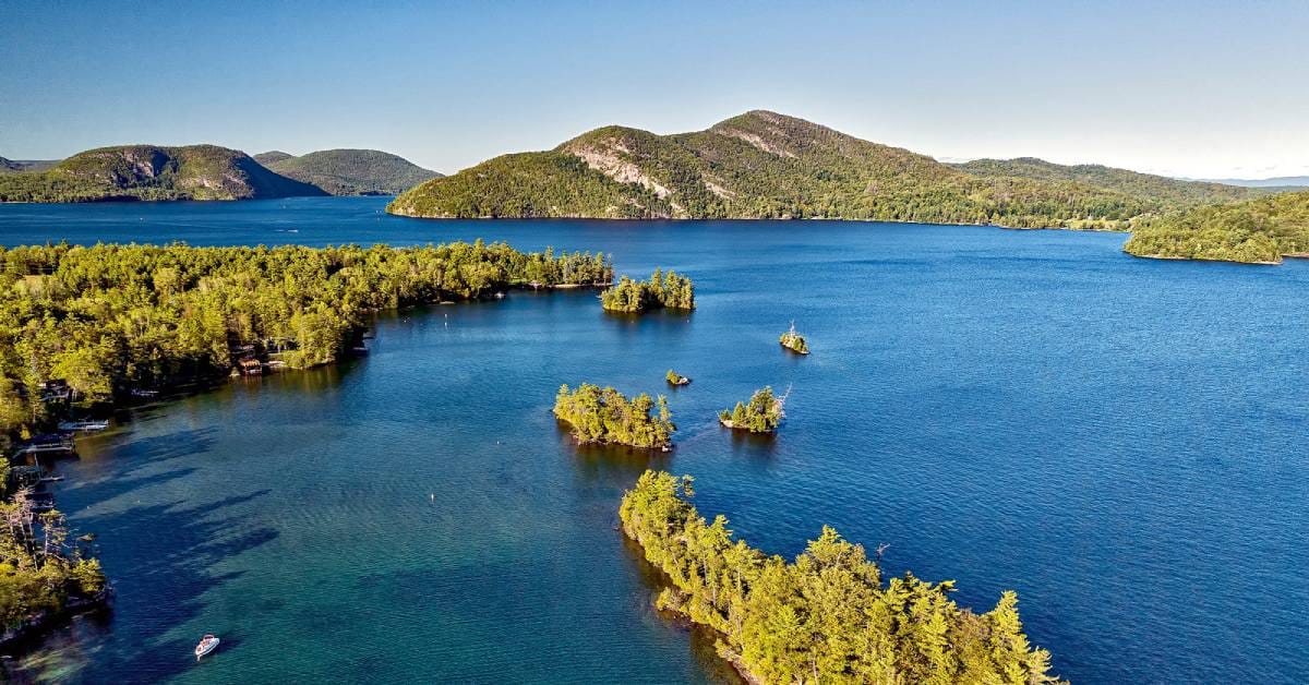 Ariel view of clear waters of Lake George, NY.