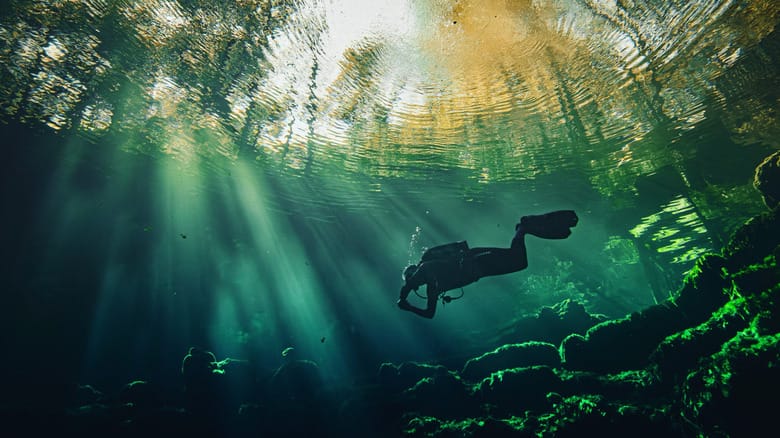 Person scuba diving in the clear waters of Lak Ouachita.