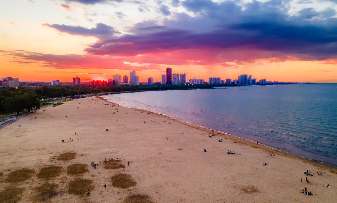 Montrose Beach at sunset in Chicago.