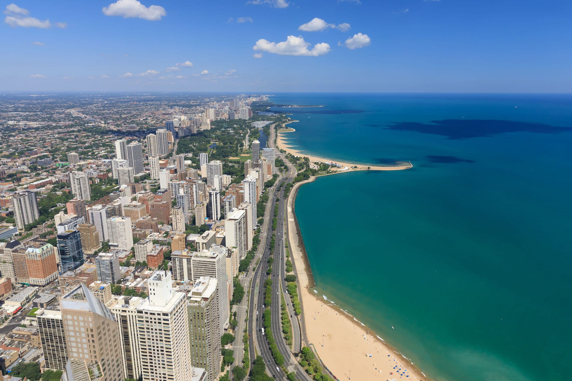North Avenue Beach ariel view in Chicago with clear blue waters.