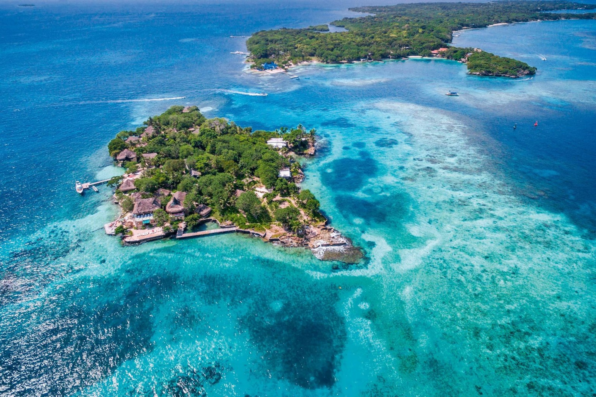 An ariel view of the Rosario Islands showing Beautiful clear blue waters