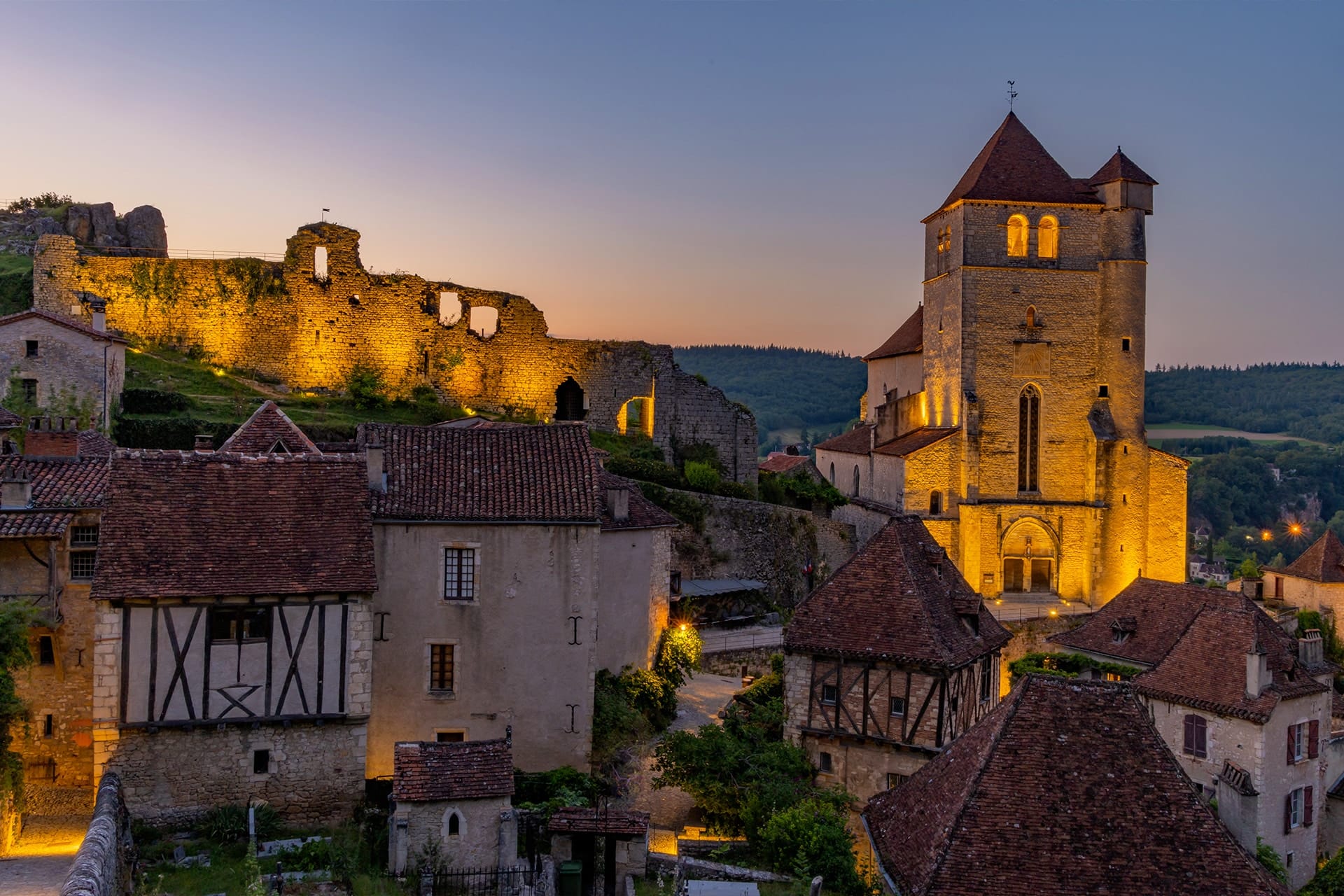Saint-Cirq-Lapopie Village In France at dusk.