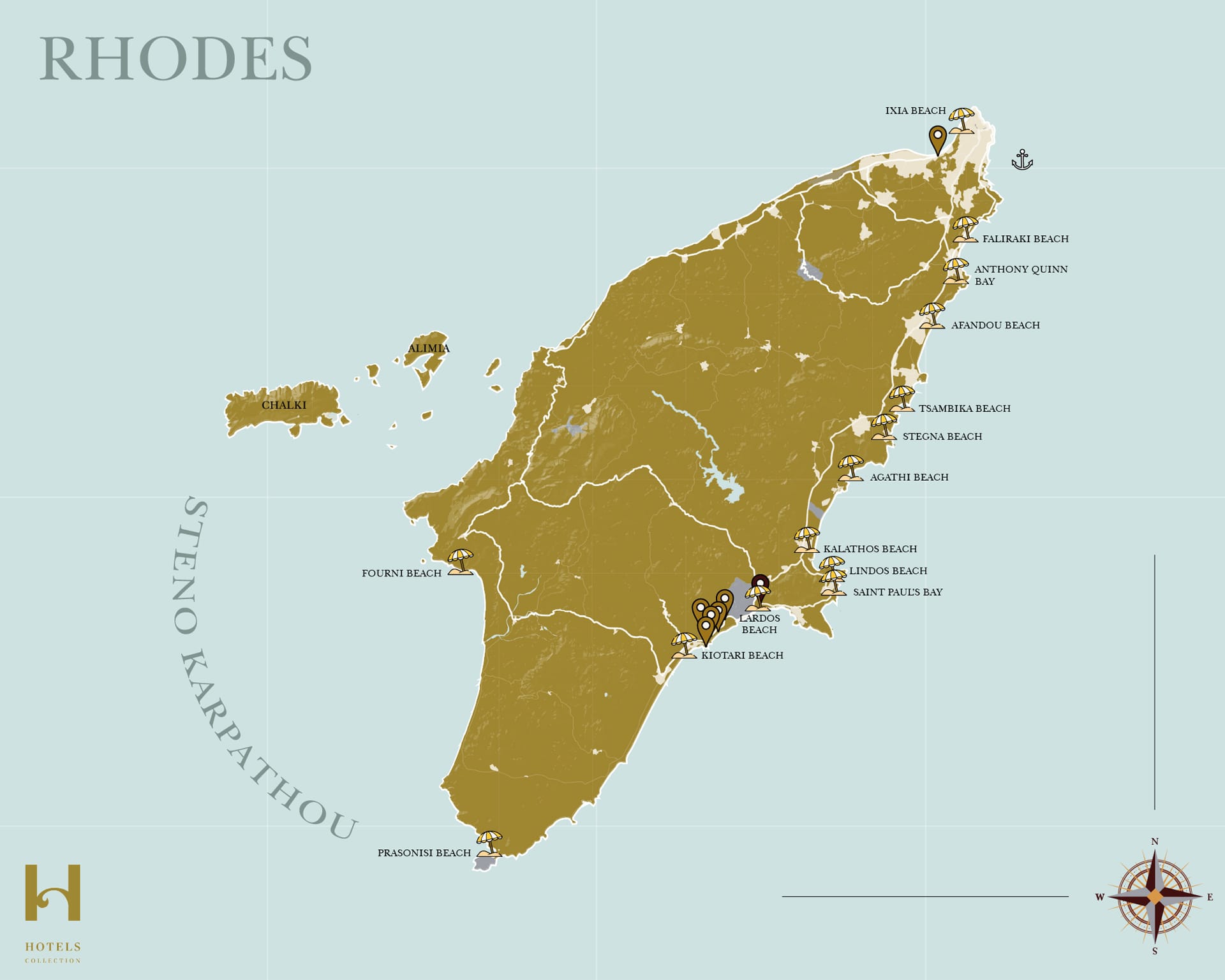 A map that shows where Rhodes, Greece beaches are located on the island.