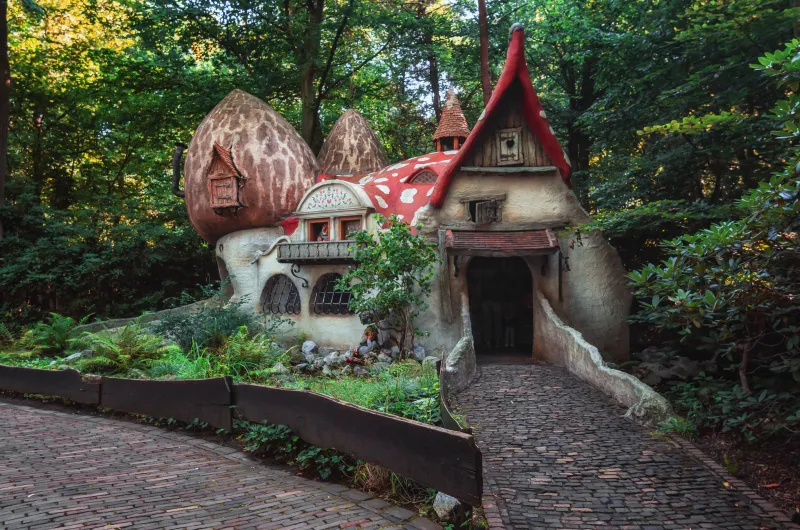 Mushroom Roofed Fairytale cottage inside of Efteling amusement park.