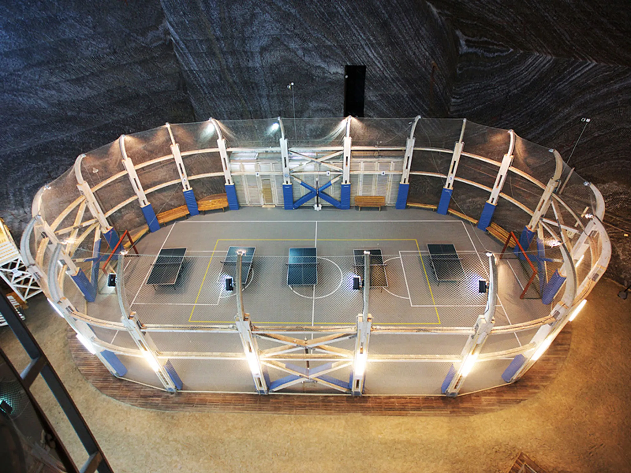 Table tennis courts inside of Salina Turda park.