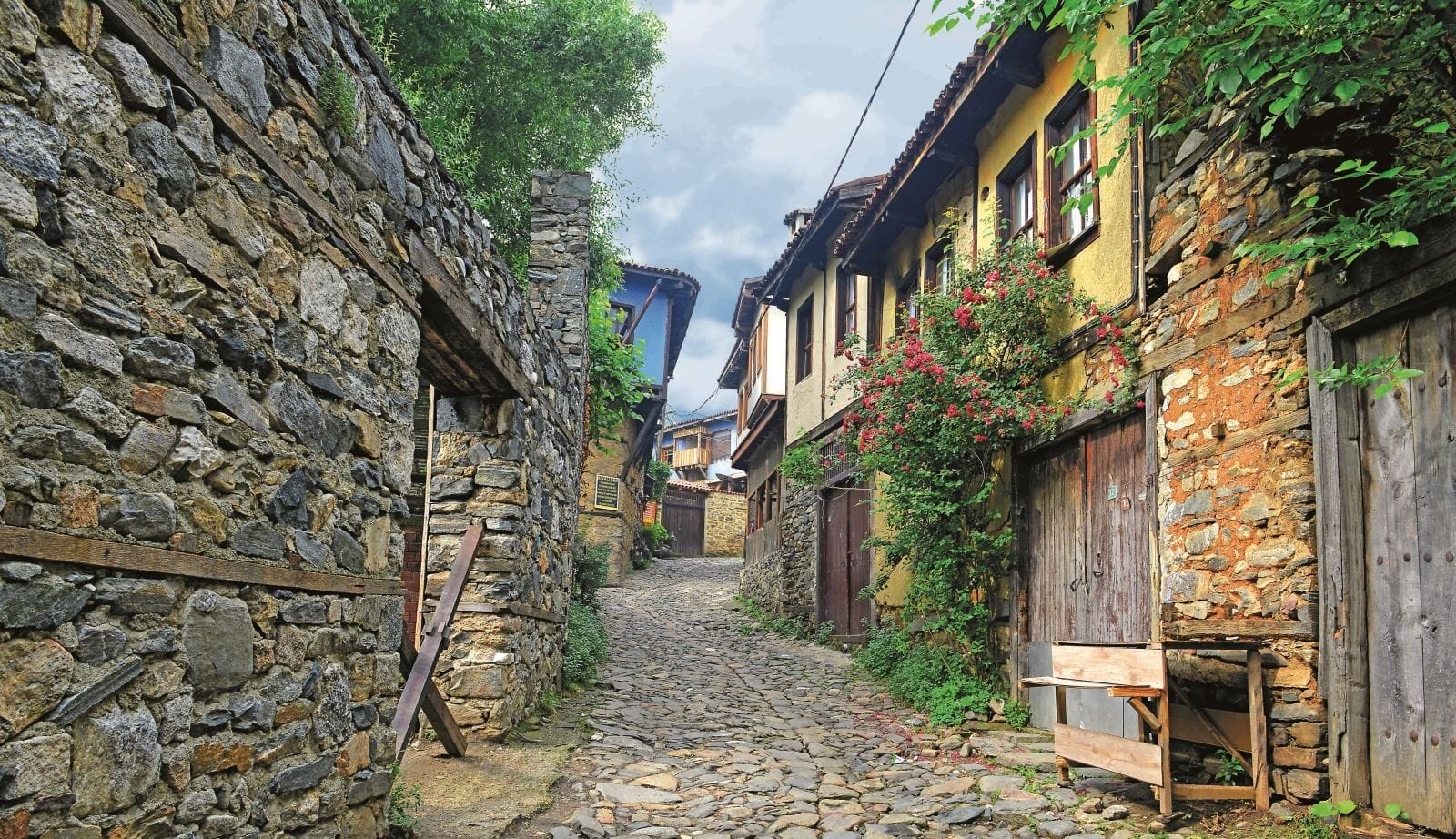 Cobble stone streets between houses in Cumalıkızık Village in Turkey.