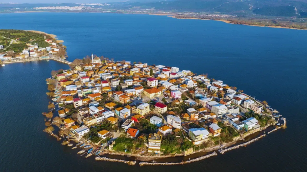 Ariel view of Gölyazı island village in Turkey.