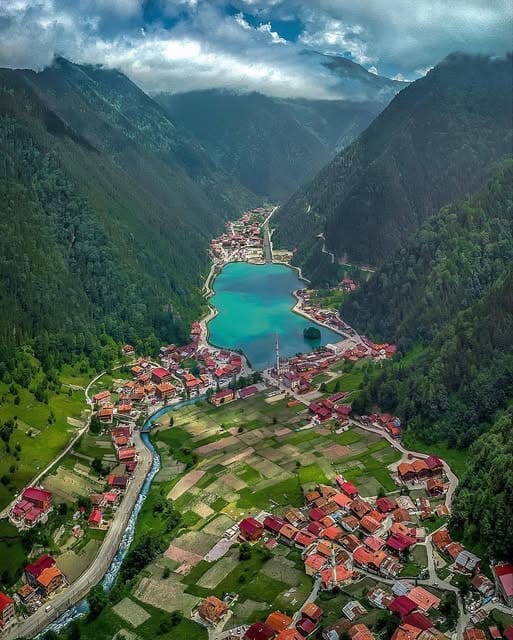 Uzungöl Village in Turkey and a view of the lake.