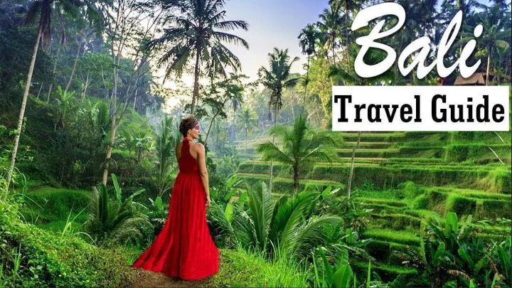 Woman in a red dress standing on a rice terrace in Bali. 
