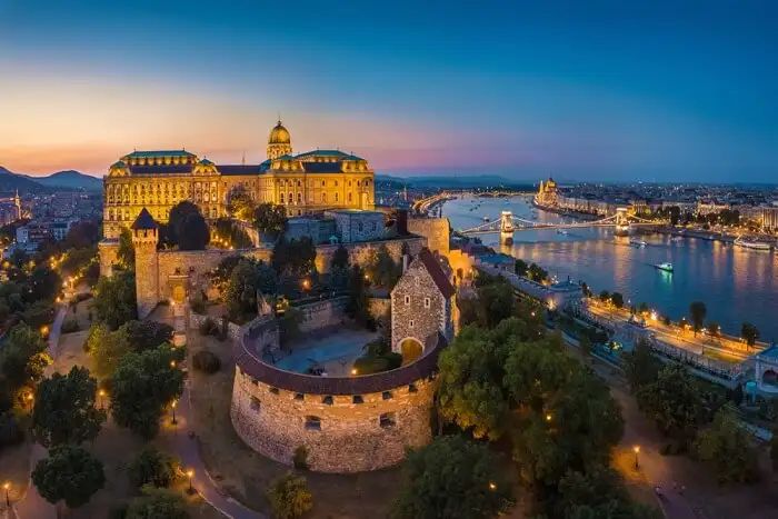 Ariel view of Buda Castle at Night.