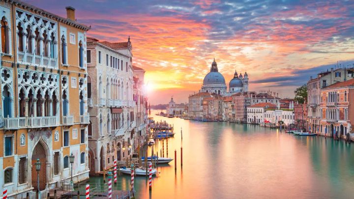 Sunset view of the Grand Canal in Venice, Italy.