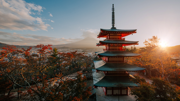 A beautiful view in Japan with fall colors, a temple, and the sun setting.