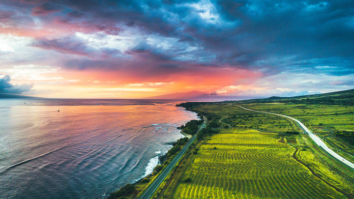 A road running along the ocean in Maui at sunset beside a bright green field.