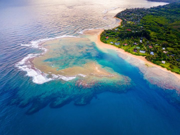 Ariel view of a reef near a beach that offers some amazing snorkeling.