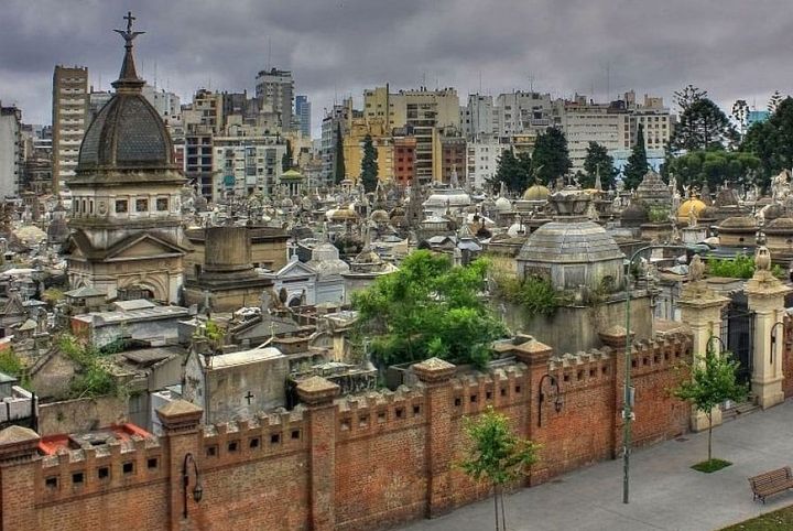 Recoleta Cemetery in Buenos Aires, Argentina, featuring elaborate mausoleums and historic tombs.