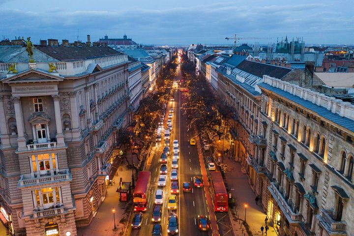 Ariel view of Andrassy Avenue at night in Budapest. 