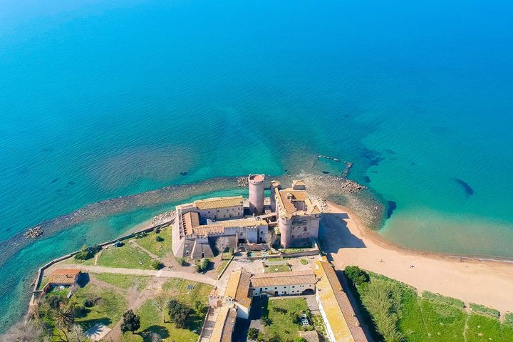 Ariel view of a castle structure at Santa Severa Beach close to Rome