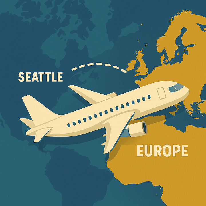 Illustration of a white airplane flying from Seattle to Europe. 