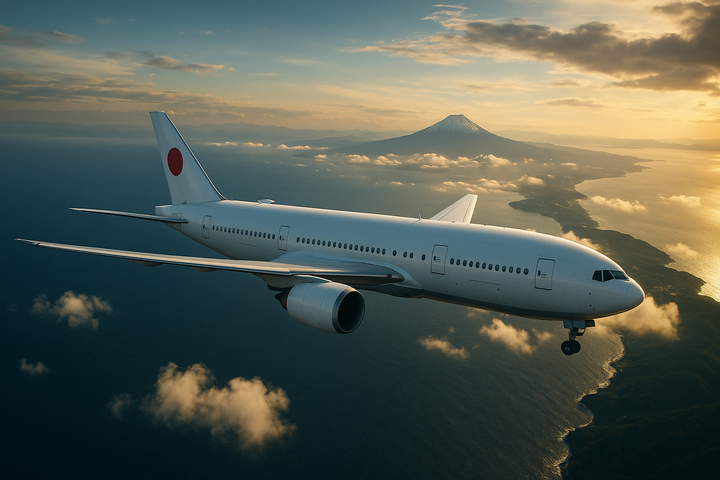 Modern airplane flying to Japan, with Mount Fuji shown in the background at sunset.
