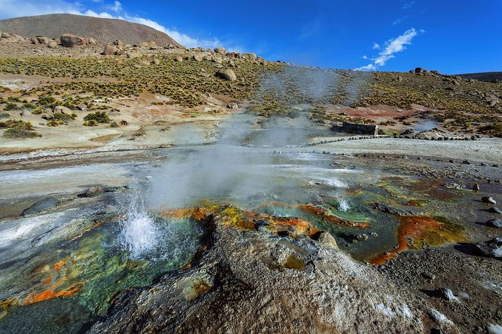 Steam rising from colorful geothermal pools and small geysers at El Tatio Geysers in the Atacama Desert, Chile, surrounded by rocky hills and sparse vegetation under a bright blue sky.