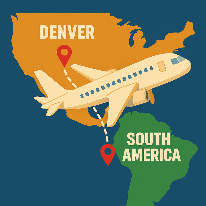 Illustration of a plane flying from Denver to South America with orange and green landmasses labeled and a dotted flight path.