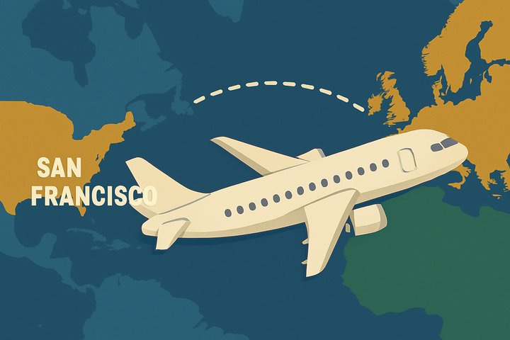 illustration of an airplane flying from San Francisco to Europe on a map. 