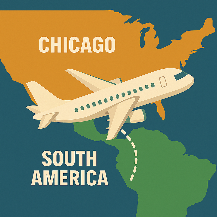 Illustrated map showing an airplane flying from Chicago, USA to South America with a dashed flight path.