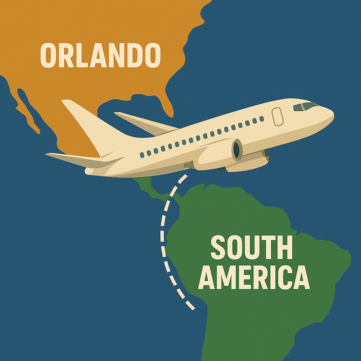 Airplane flying south from the U.S. toward green South America on a map with labeled continents.