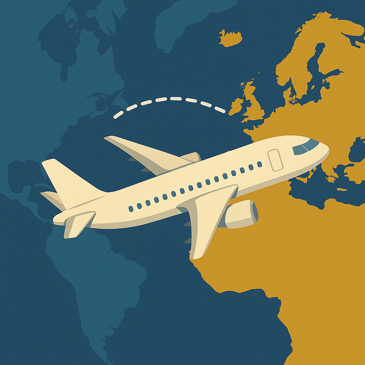Illustration of a passenger jet flying over the Atlantic and headed to Europe. 