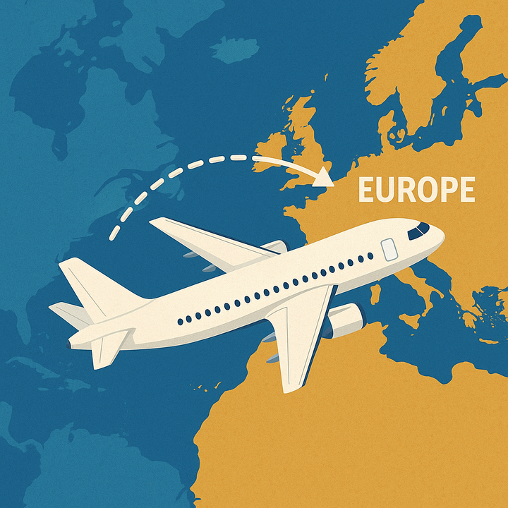 Illustration showing a white airplane fry from Chicago to Europe. 