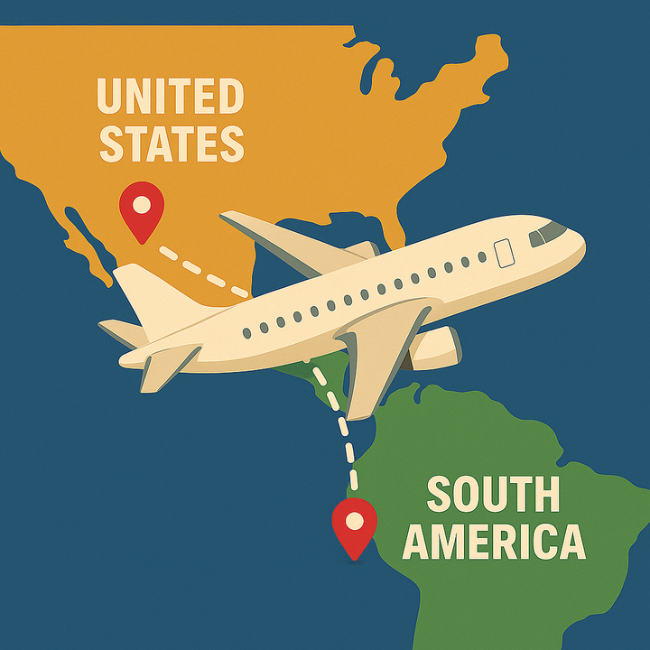 Illustrated map showing an airplane flying from the United States to South America with dotted travel path and location markers on both continents.
