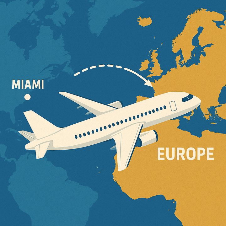 Illustration showing a white plane flying from Miami International Airport to Europe on a map. 