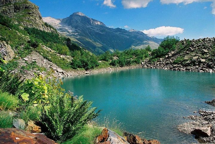 Turquoise alpine lake surrounded by rocky slopes, green foliage, and distant peaks in Sochi National Park, Russia.