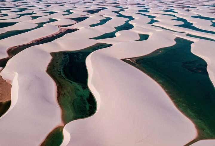 Ariel view of Lençóis Maranhenses National Park water that shows clear water separated by white sand patches in the desert