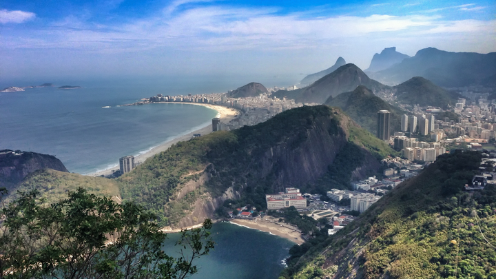 Aerial view of Rio de Janeiro, Brazil, showing Copacabana Beach, city buildings, and lush mountains under a clear blue sky.