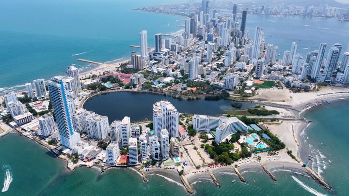 Ariel view of resorts and apartments in Bocagrande, Cartagena Colombia with beaches and ocean front views.