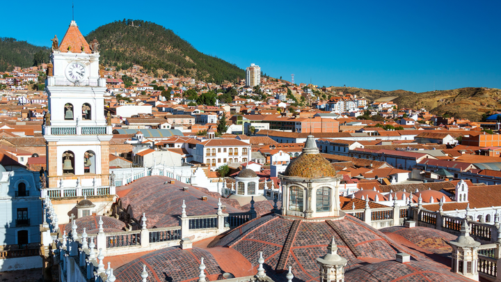 View of the city of Sucre, Bolivia with a mountain in the back ground.