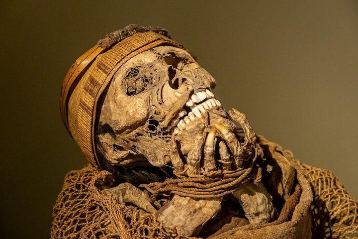Close-up of a preserved Muisca mummy on display at the Museo del Oro in Bogotá, Colombia, featuring detailed facial features, teeth, and traditional burial wrappings.