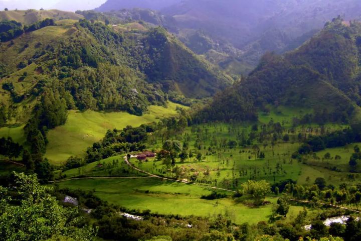 View of a valley between the mountains in Salento, Colombia In the Coffee Triangle.