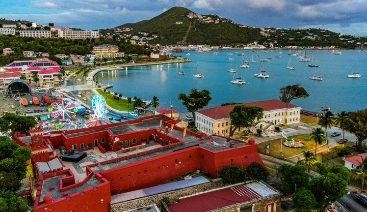 Ariel view of Charlotte Amalie, St. Thomas at Dawn as the sun is about to rise.