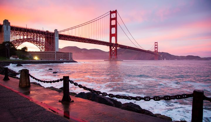 Golden Gate Bridge in San Francisco, California at sunset.