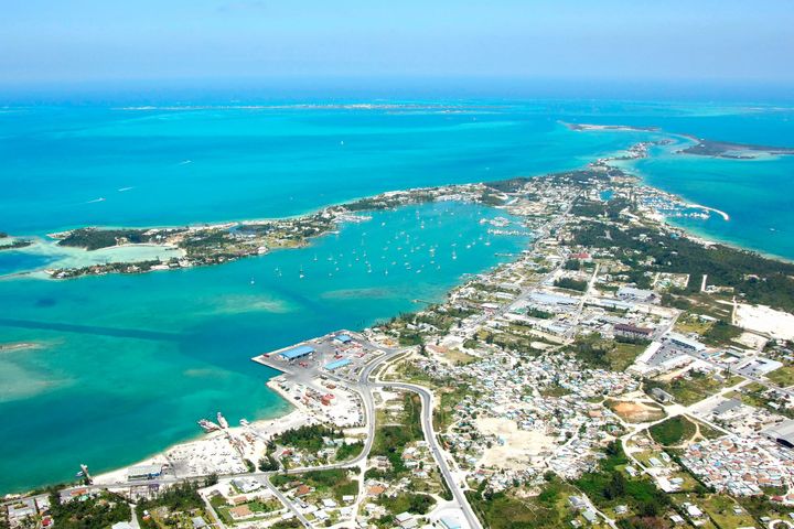 Ariel view of Marsh Harbour Town on Great Abaco Island Bahamas.