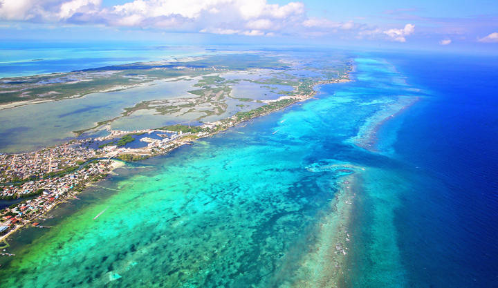 Ariel view of San Pedro Island, Belize with beautiful clear blue waters
