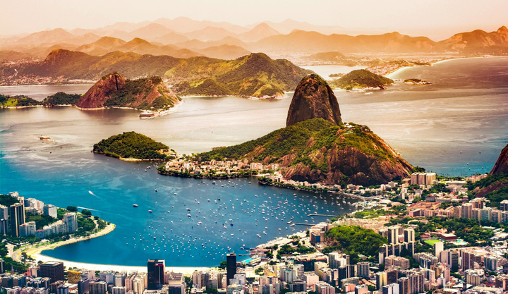 A view of the bay and beach by Sugarloaf Mountain in Rio de Janeiro, Brazil.